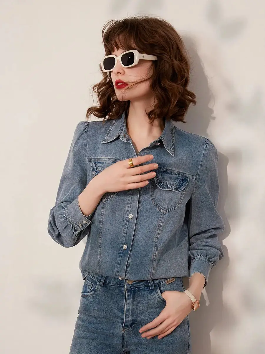 LOUIS YAO-Camisa feminina com gola virada para baixo, blusa jeans de manga comprida, blusa retrô, nova, primavera, 2022