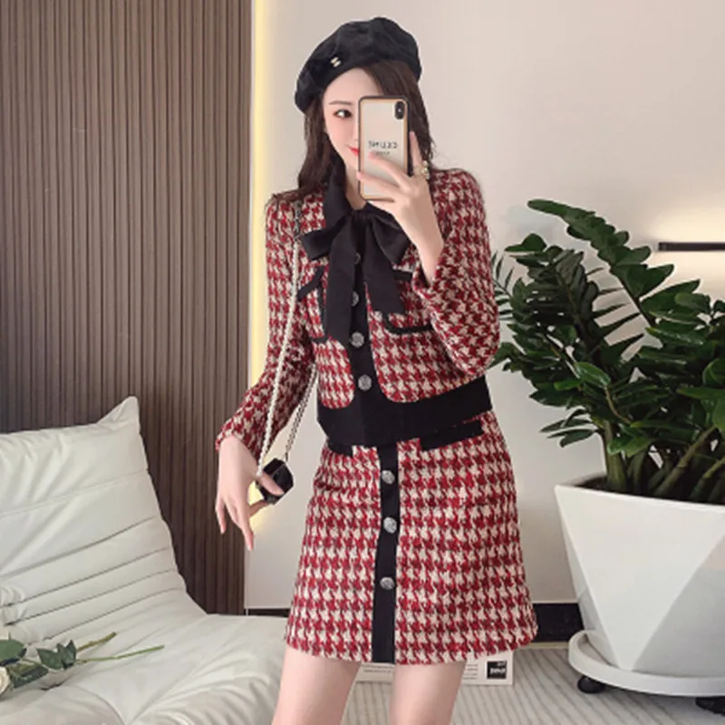 

Brand Lady Wool 2 Piece Set Autumn Winter Women Bow Single Breasted PocketShort Tweed Jacket Coat + Mini A Line Skirt Suit