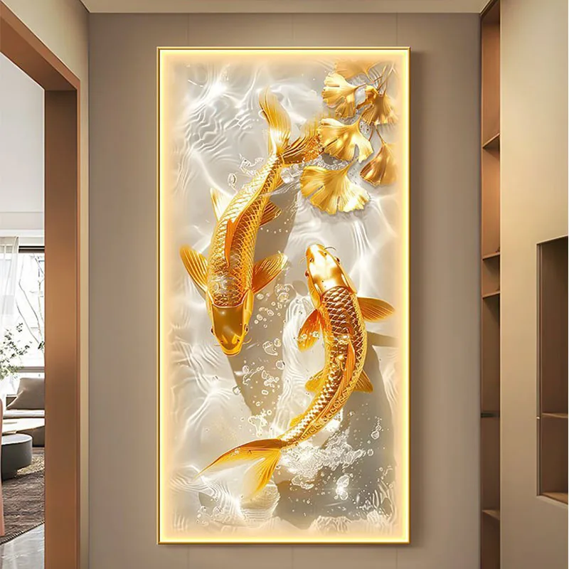 Light Luxury Entrance Decoration Painting With Koi Fish Hanging At The End Of The Corridor Remote Control Available Wall Lamps