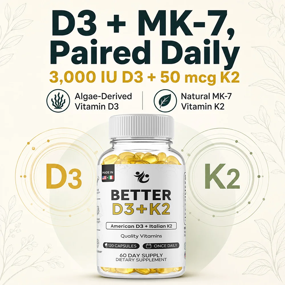 Better Vitamin D3 + K2 Supplements - Maximum Bioavailability, Supports Bone Density, Calcium Balance, Immunity & Mood