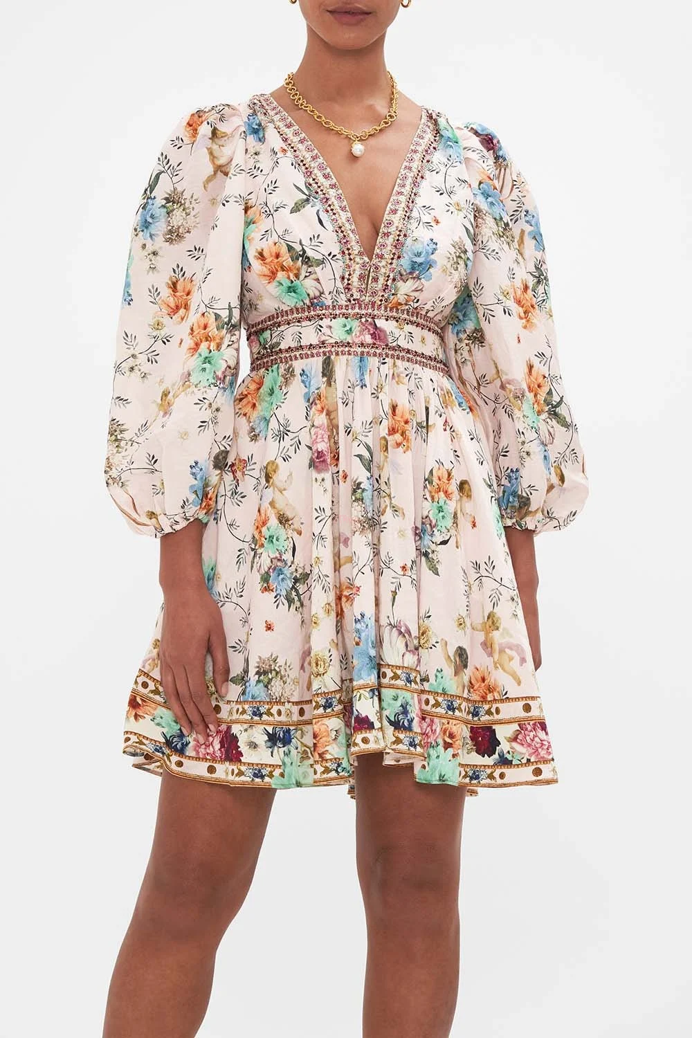 

Women Flower Printed V-Neck Long Sleeve High Waist Silk Linen Mini Dress