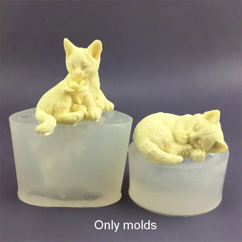 1Pcs Cute Sitting Rose Kitten Soap Gypsum Crafts Sleeping Cat Candle Silicone Mold Resin  Mould Home Gifts