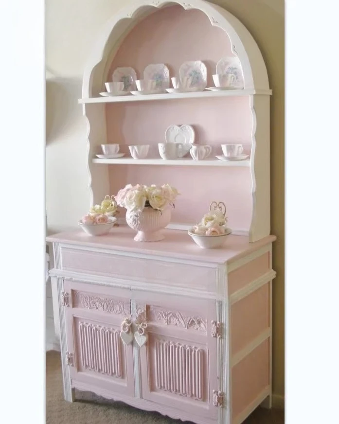 

French carved solid wood bookcase, side cabinet, entrance cabinet, shoe cabinet, American pastoral pink princess cabinet