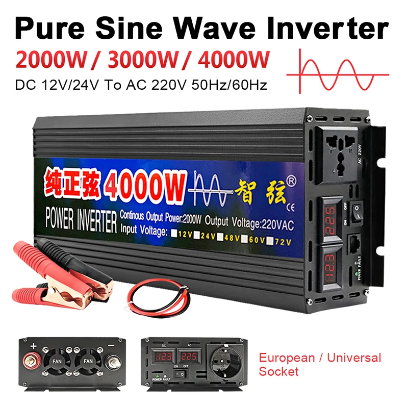 Pure Sine Wave Inverter 3000W 4000W Solar Car Inverters DC 12V 24V To AC 220V 50Hz 60Hz Portable Power Converter For Home And RV