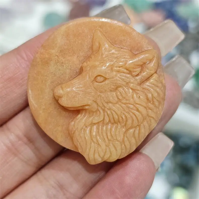 Natural Yellow Jade Wolf Head Carving Animal Healing Reiki Stones Gems For Home Decorations Gift 1PCS
