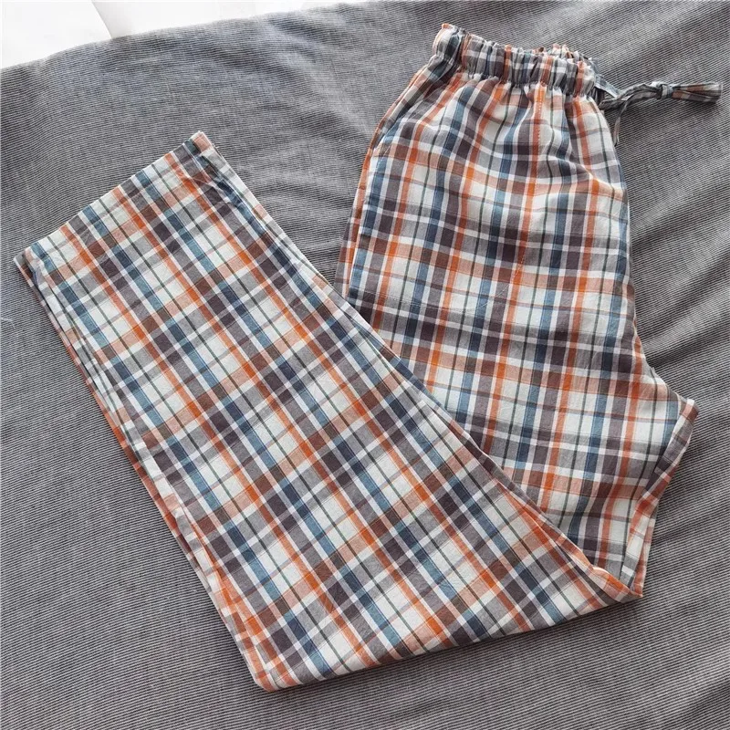 Ladies' Sleep Pants New Cotton Water-Washed Woven Trousers Men Plaid With Pockets Home Wear Autumn Couples Sleep Bottoms Pant