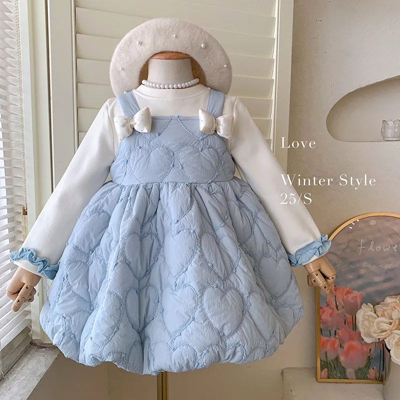 

Girls' Autumn Winter New Stylish Strap Bow Padded Dress with Fleece Lining Two-Piece Set