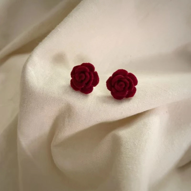 Wine Red Flocking Flower Velvet Small Exquisite Stud Earrings for Women Korean Lovely Temperament Jewelry Lady Brincos Girl Gift - view 3