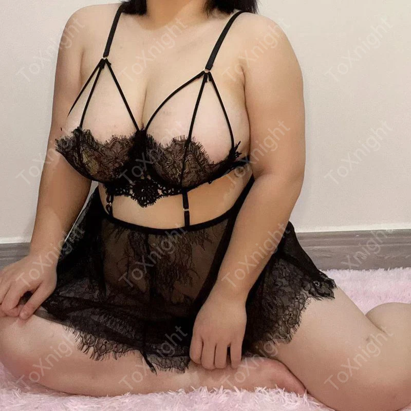 Plus size sexy lace see through one-piece nightgown set XXXL uniform seductive sexy lingerie hot underwear wholesale 019