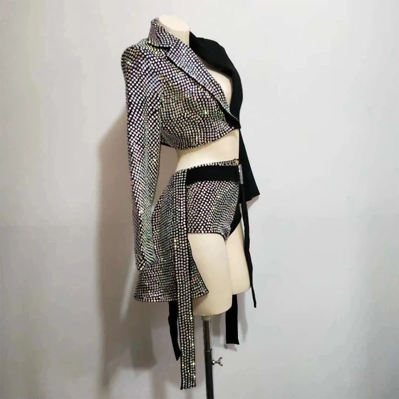 Blazer de Chanteur Noir au Design Court, Tenue de Rotterdam avec Strass Kly, Costume de ixd'Anniversaire, Jupe de brevJazz en Boîte de Nuit