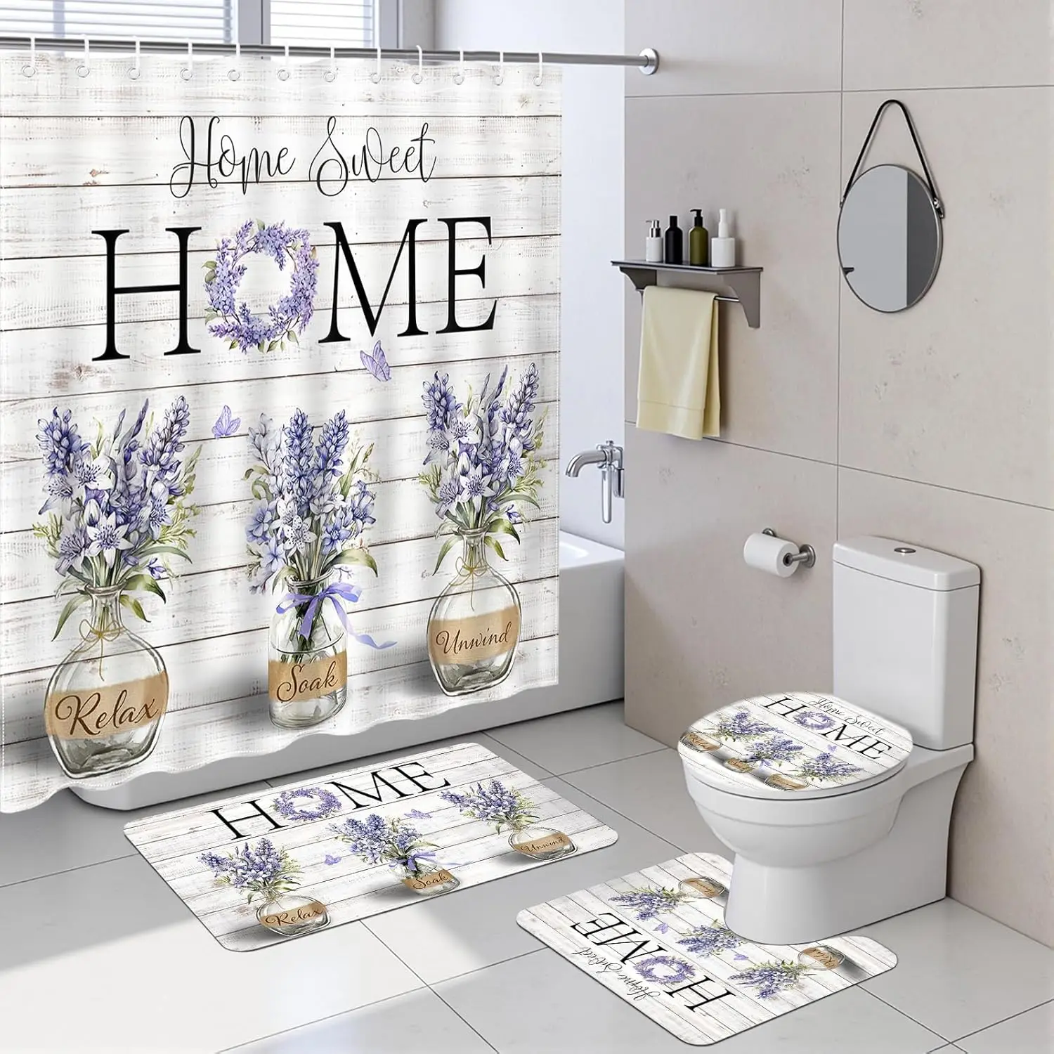 

Purple Floral Shower Curtain Set, 4Pcs Farmhouse Mason Jar Home Sweet Bathroom Sets with Non Slip Rugs,Toilet Lid Cover,Bath Mat