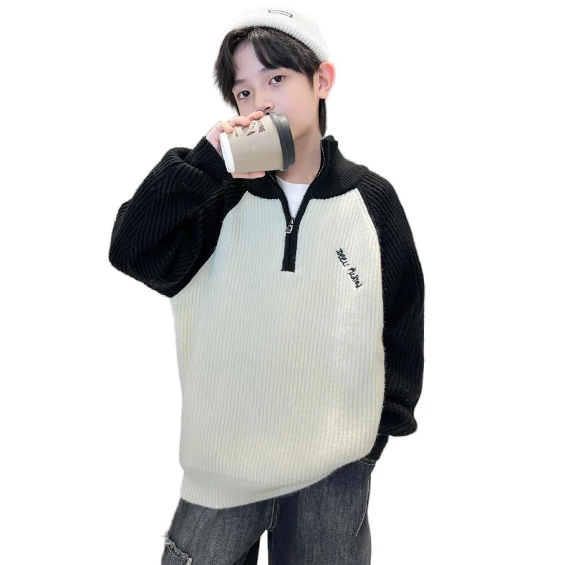 

2024 New Autumn Korean Kids Polo Sweater For Boy Patchwork Polo Knitwear Children Teenager Knitted Polosweater Outerwear 5-14 Y