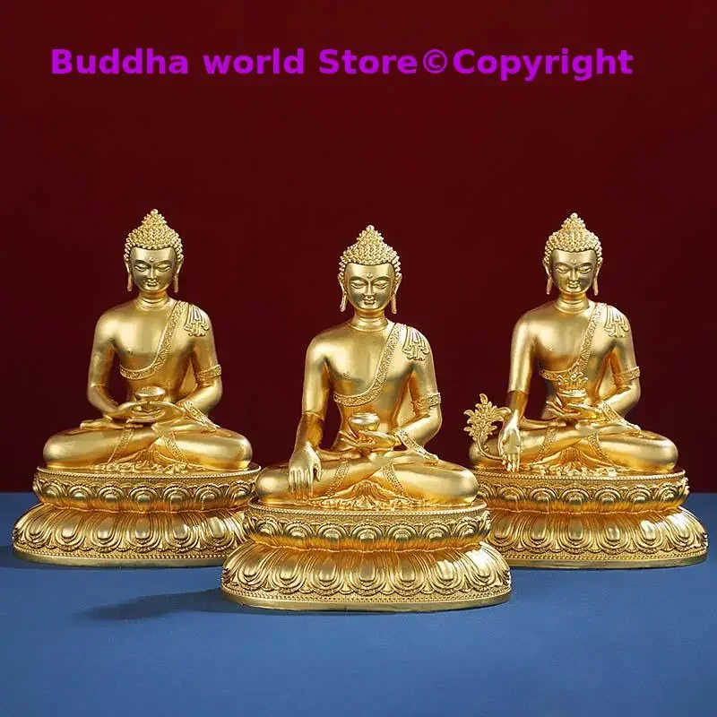 A set 3P Tibet Nepal high quality 24k gilding copper SAN BAO FO Shakyamuni Amitabha Medicine Buddha statue Shrine protection