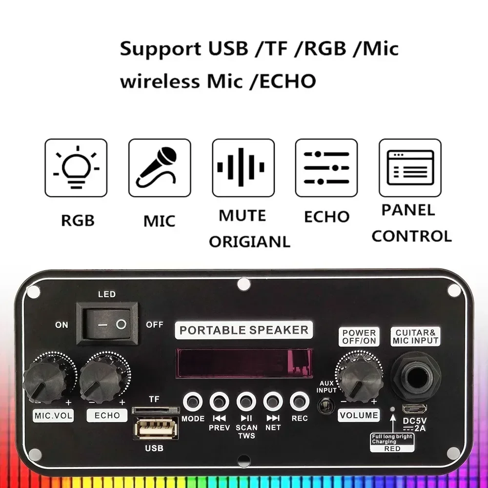 Bluetooth 5.0 DC 5V MP3 WAV APE Decoder Board 20W Amplifier Car Audio DIY Music Player FM Radio Module RGB TF AUX USB Mic Record