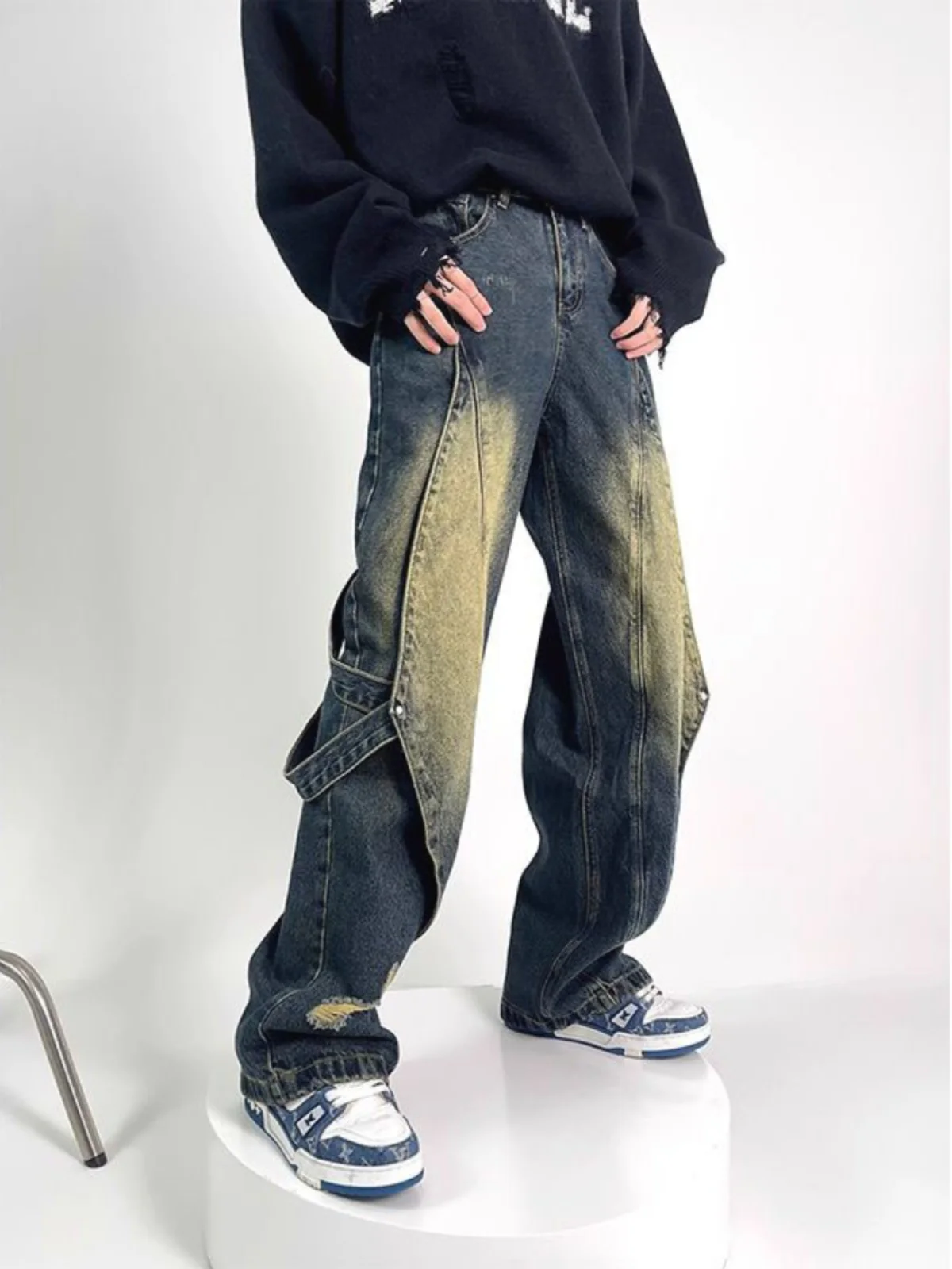 

Retro High Street Vibe Men's Jeans Distred Waed Wide Leg Pants Deconstructed Patchwork Design Loose Straight Cut