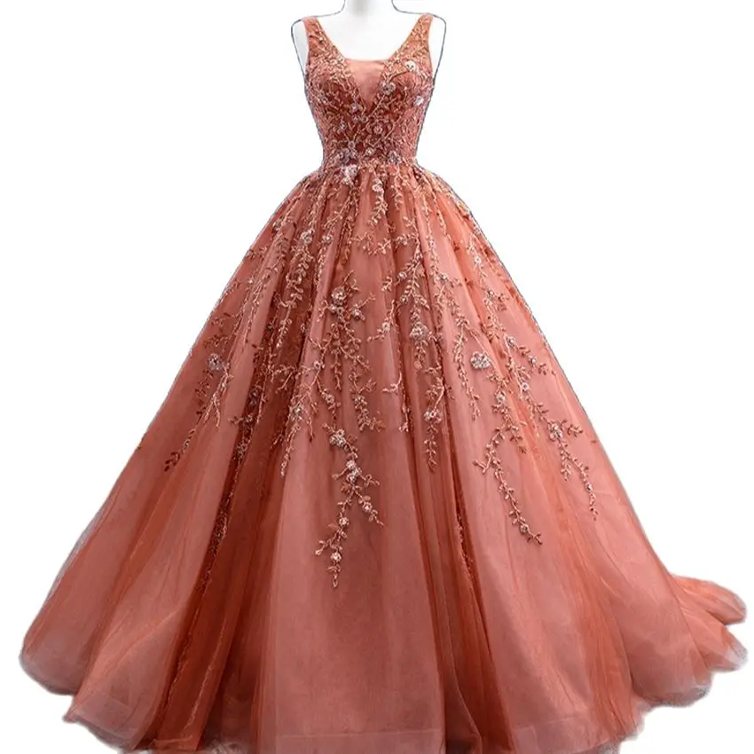 Brown Ball Gown Sleeveless 3D Lace Flowers Quinceanera Dress V-neckline Corset Sweet 16 Dress  Lace-up Vestido 15 Anos QE22291