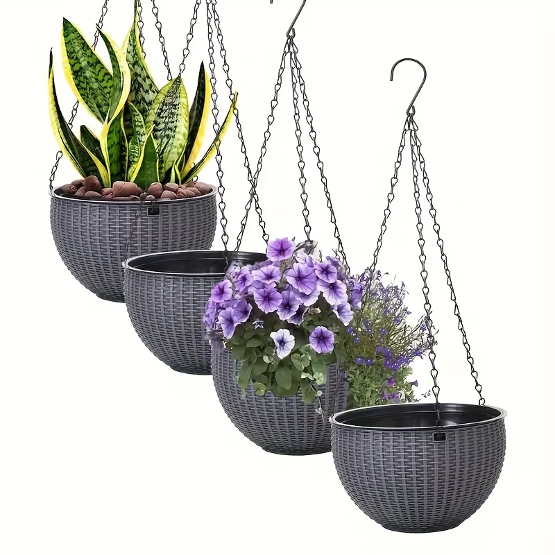 

Double pot hanging baskets,rattan patterned plastic flower pots drainage ditches and chain hooks-suitable for indoor and outdoor