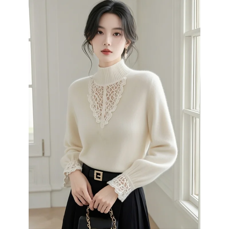 

Pullover Long-sleeved White Turtleneck Sweater Lace Spliced knit Top