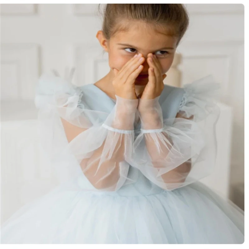 Vestido de tul azul claro para niña de las flores, manga larga, encaje hasta el tobillo para boda, cumpleaños, desfile, Anfitrión, vestidos de primera comunión