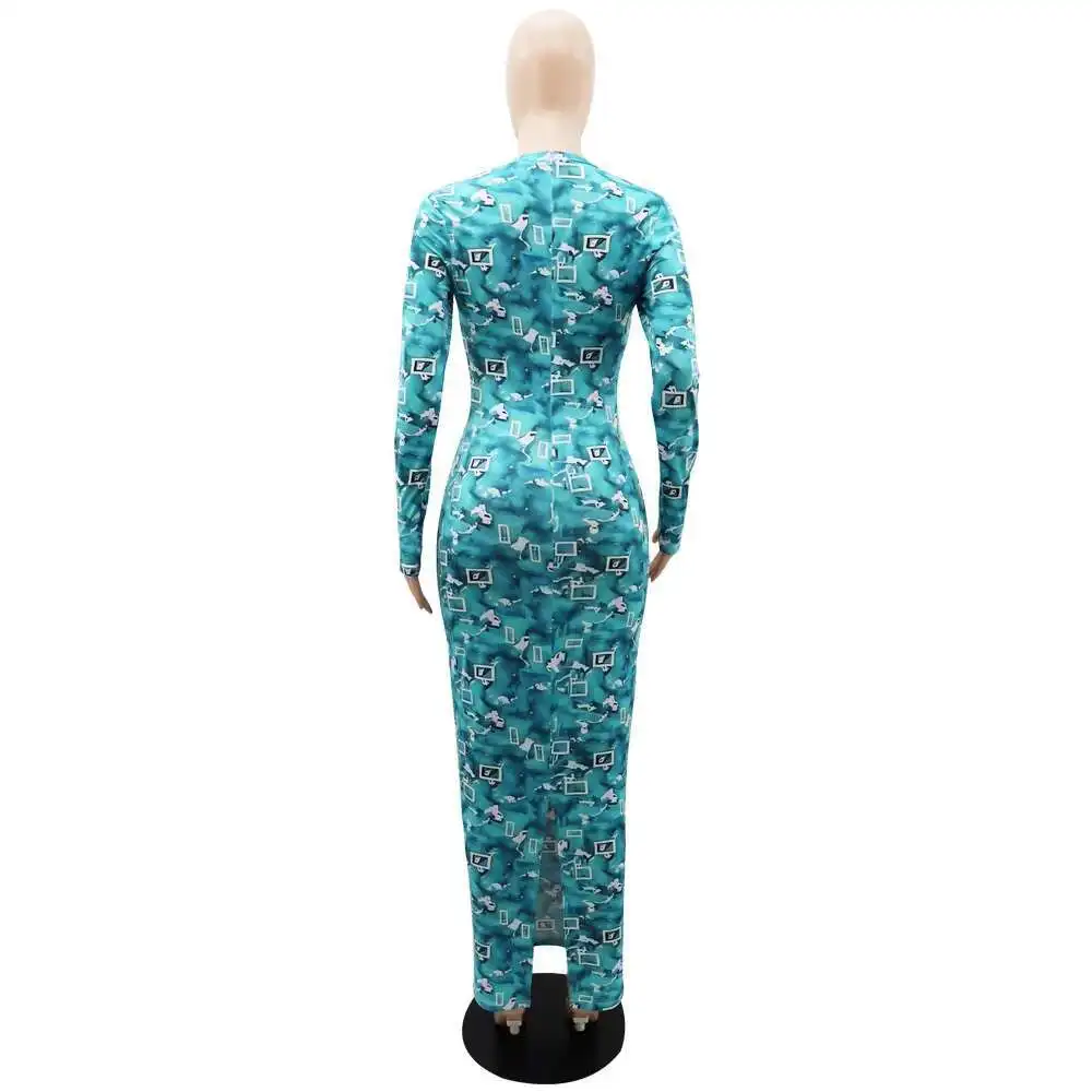 Abiti stampati per le donne Guaina collo mezzo alto tagliato manica lunga alla caviglia blu Ral abiti da sera aderenti sexy da sera