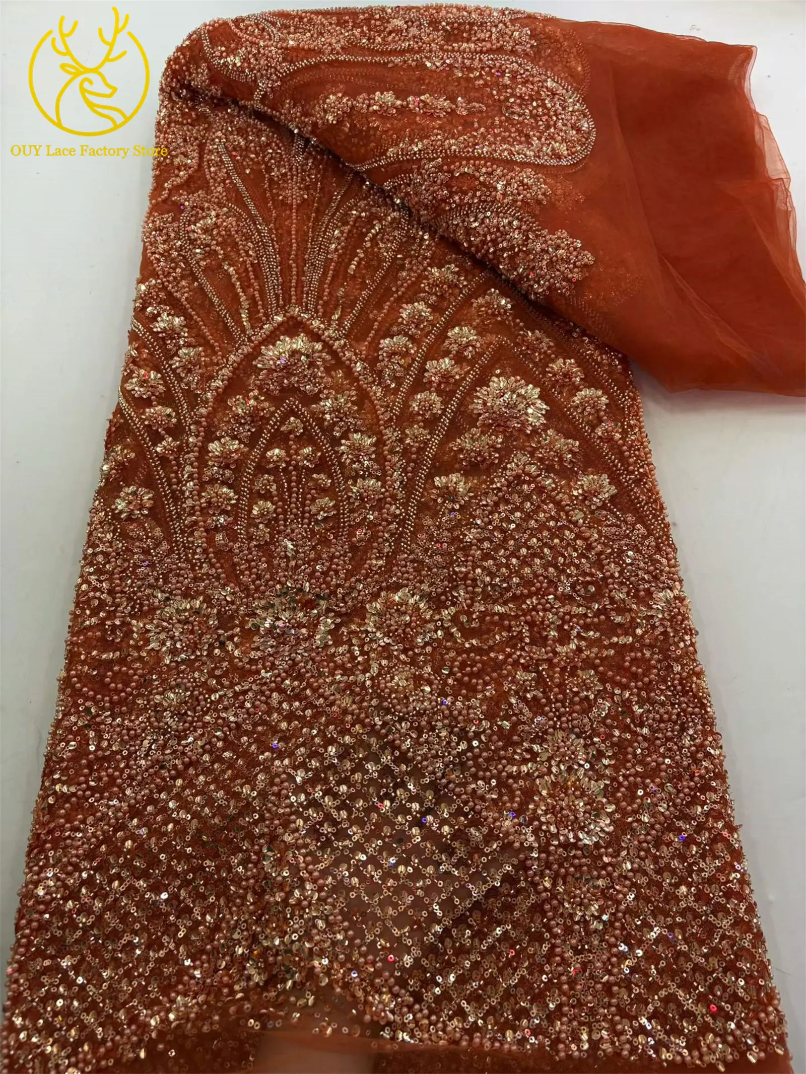 5 Yards afrikanischer schwerer Perlen-Pailletten-Netzstoff, goldener französischer Pailletten-Tüllstoff für wunderschöne Hochzeitskleider zum Nähen – Detail 17