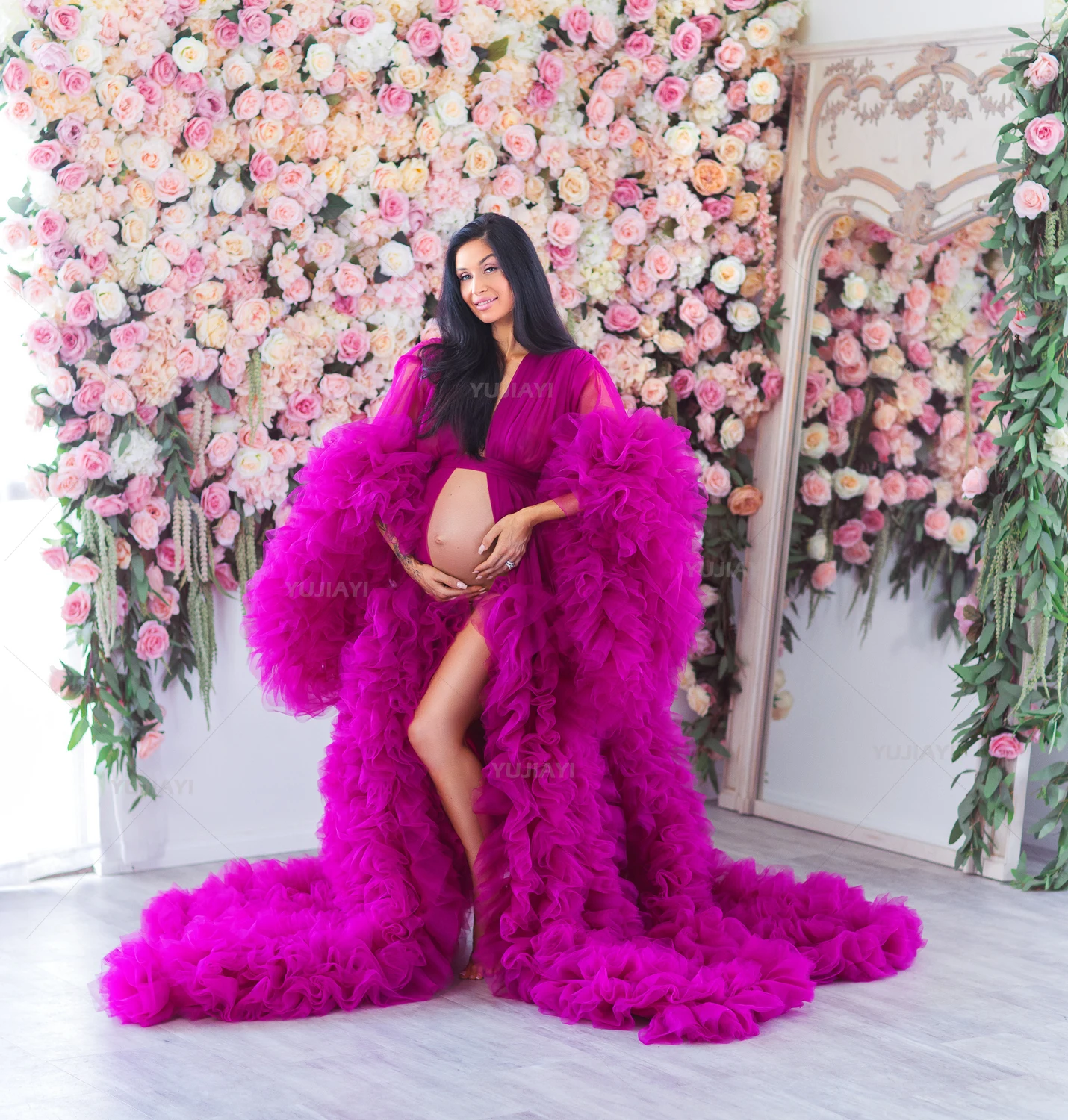 Customized Maternity Dress Fluffy Tulle Tiered Women Prom Dress Long Sleeves Maternity Robe Pregnant Photoshoot Babyshower Gown