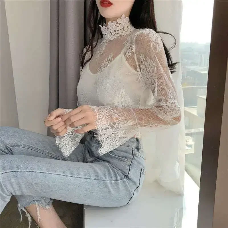 Blouse Women Lace Mesh Stand-Collar Gauze Horn Long-Sleeve Women\'s Top Hollow out Blusas Ropa De Mujer