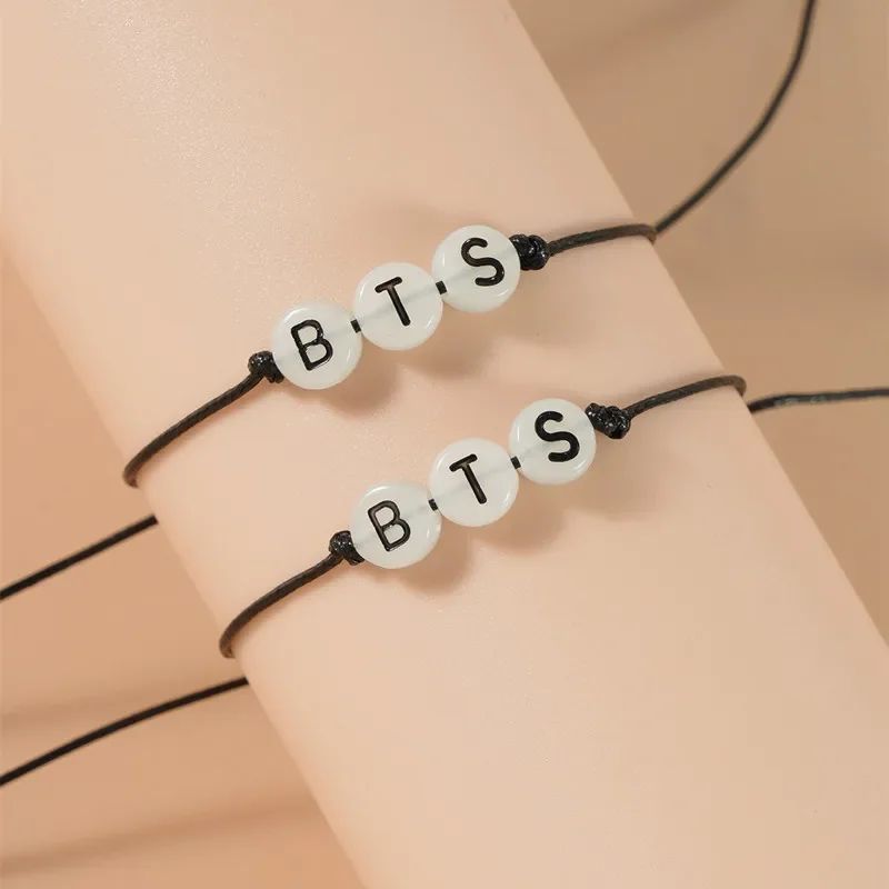 New BTS Korean Youth Team Woven Adjustable Card Bracelet Night Light Letter Design Cross-Border Supplies Youth Fashion Accessori