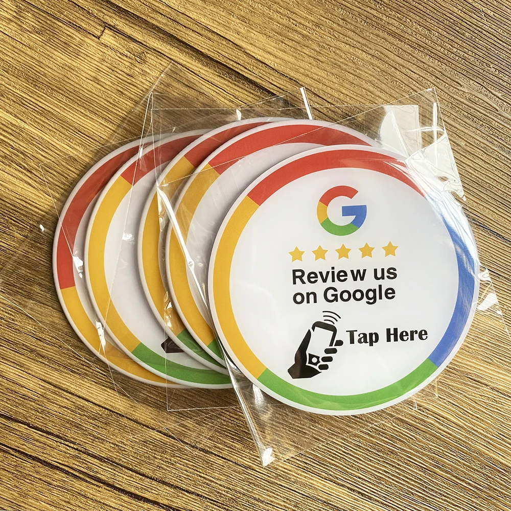 Stiker ulasan Google NFC 3.93 "13.56Mhz yang dapat diprogram 10cm NTAG215 chip Ketuk untuk meninjau