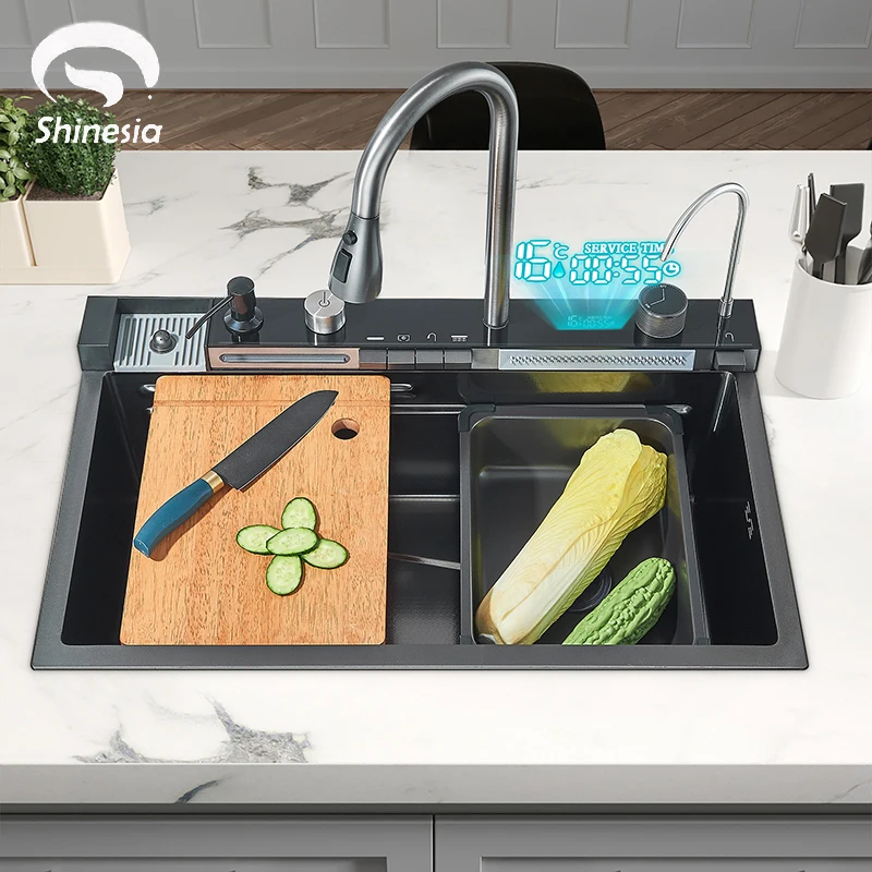 Shinesia Küchenspüle-Set aus Edelstahl, großes Einzelwaschbecken, Spülbecken, Spüle mit kaltem und heißgesteuertem Wasserhahn