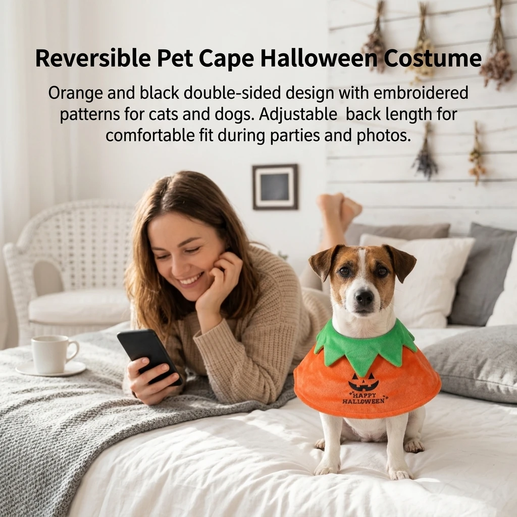 Soft Plush Pet Cape for Halloween Party Cats Dogs Reversible Embroidered Cloak Adjustable Short Plush Costume Outfit