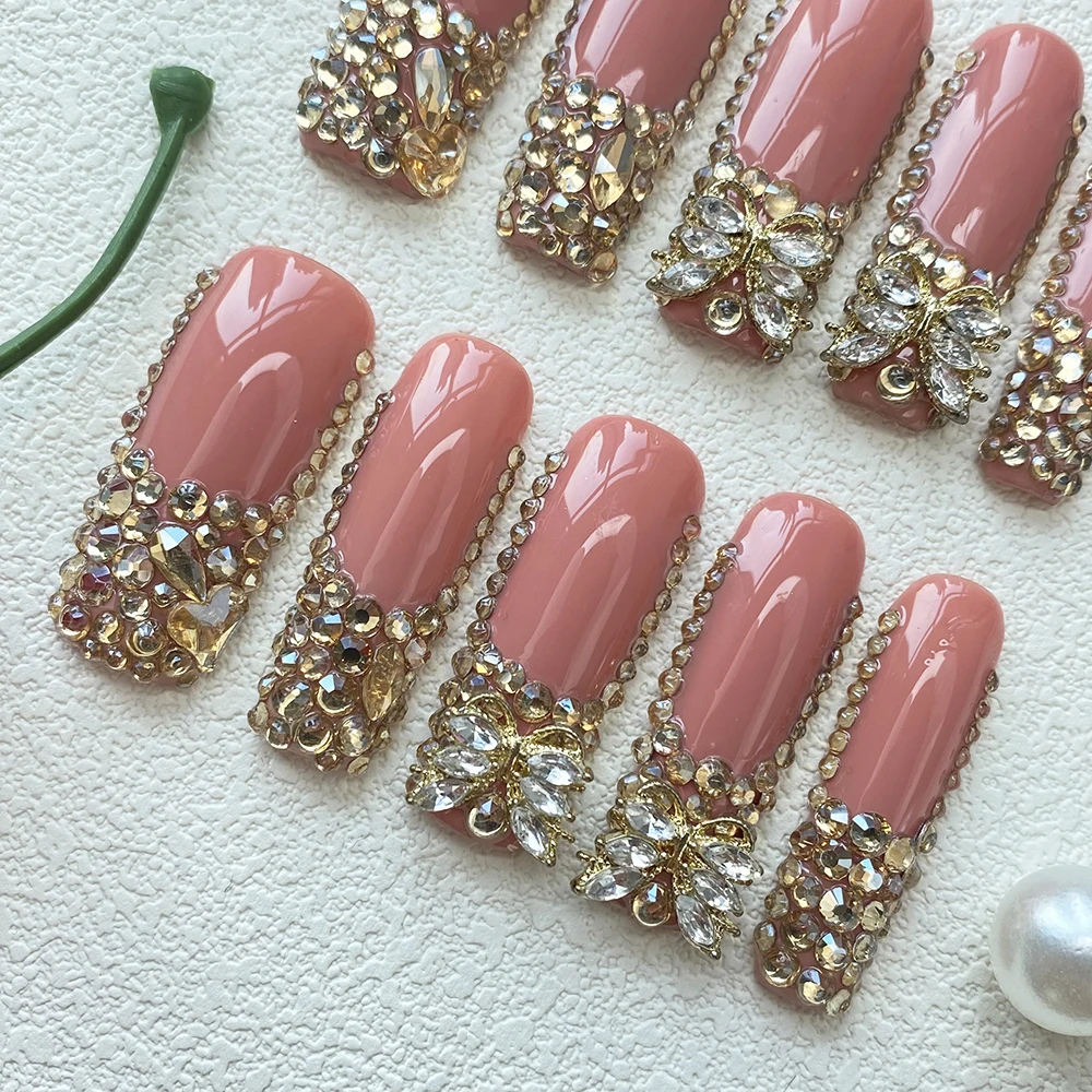 

Rhinestone Artificial Fingernails Long Lasting Handmade Acrylic Reusable Coffin 10PCS Press on Nails False Y2K Manicure for Girl