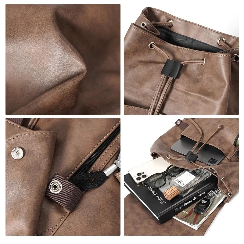 Drawstring 남자 노트북 배낭 패션 남자 여행 가방 가죽 남성 학교 가방