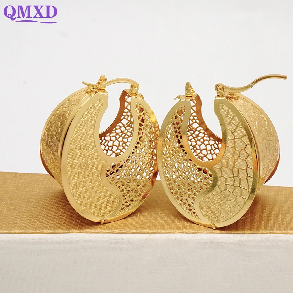 Newest African Gold Color Drop Earrings Hollow Out Round Clip Earring Cute Earrings For Young Lady Daily Wear Party Wedding Gift