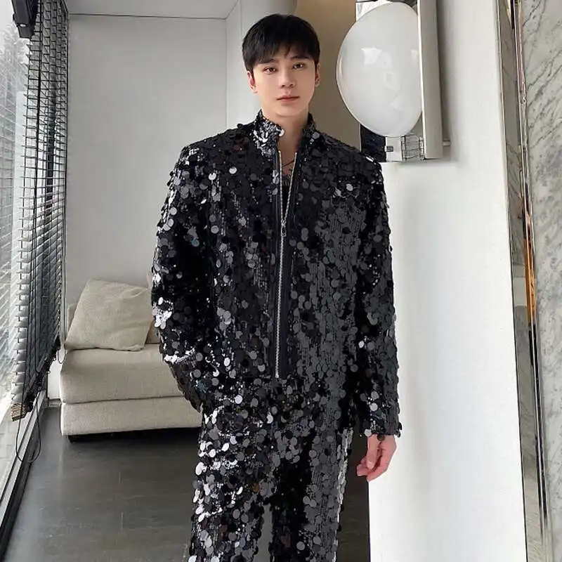 LUZHEN Personalized Sequin Stand Up Collar Short Jacket Trendy Cool Stage Outfit New 2025 Stylish High Street Men\'s Tops LZ6684
