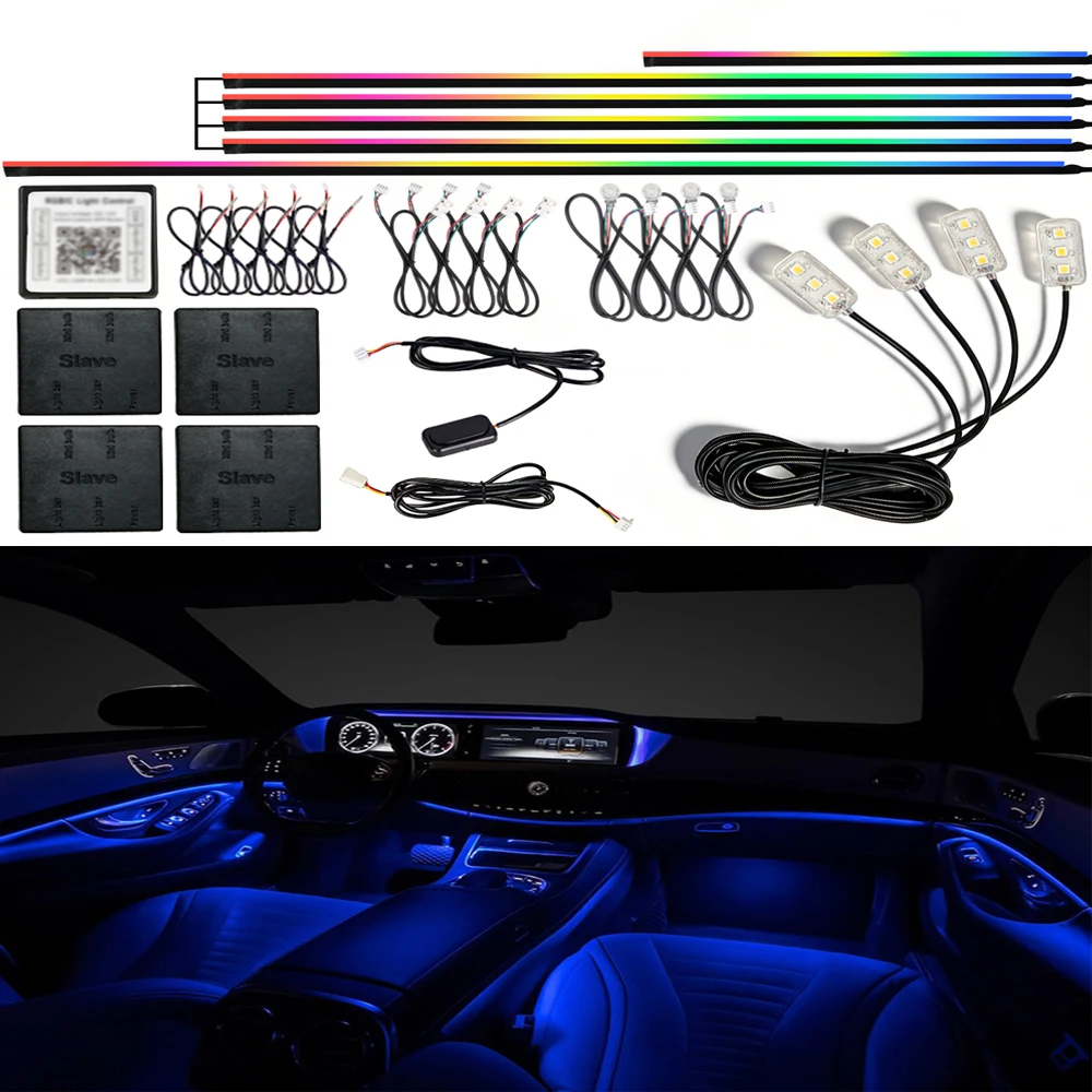 

18-в-1 Полноцветная RGB-подсветка для автомобиля, 64 цвета, универсальная светодиодная скрытая акриловая лента, атмосферная лампа-симфония
