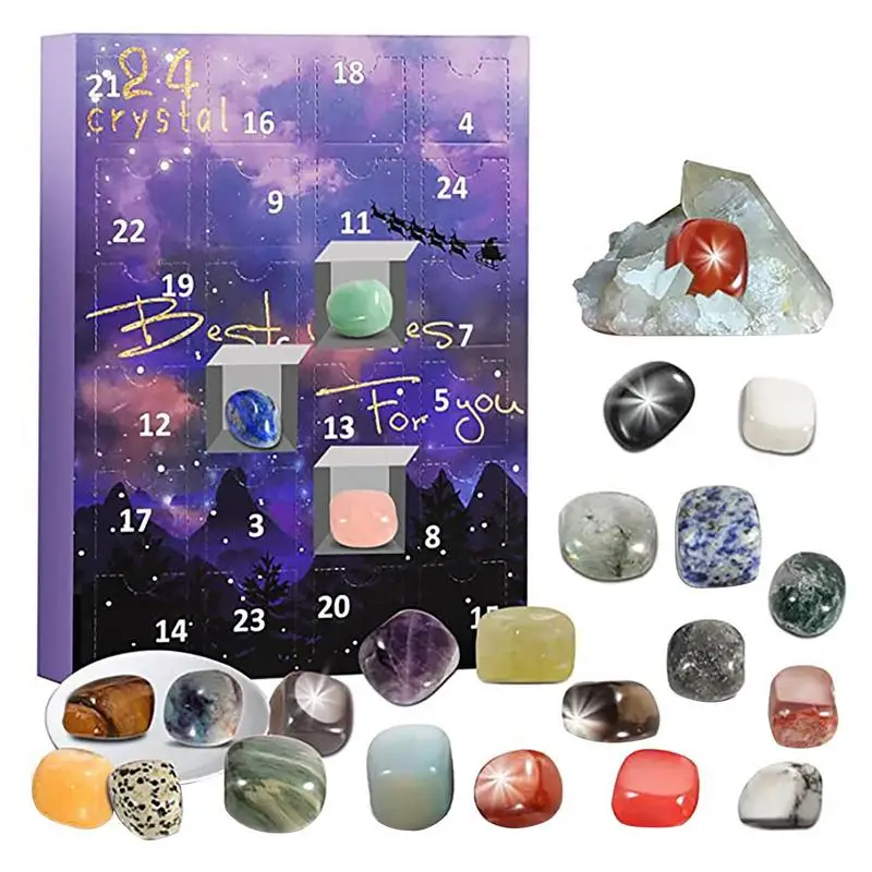 Natural Stones Advent Calendar Gift Box 24 Days Countdown Calendar Healing Crystals Gemstones Ores Set Christmas Gift For Kids