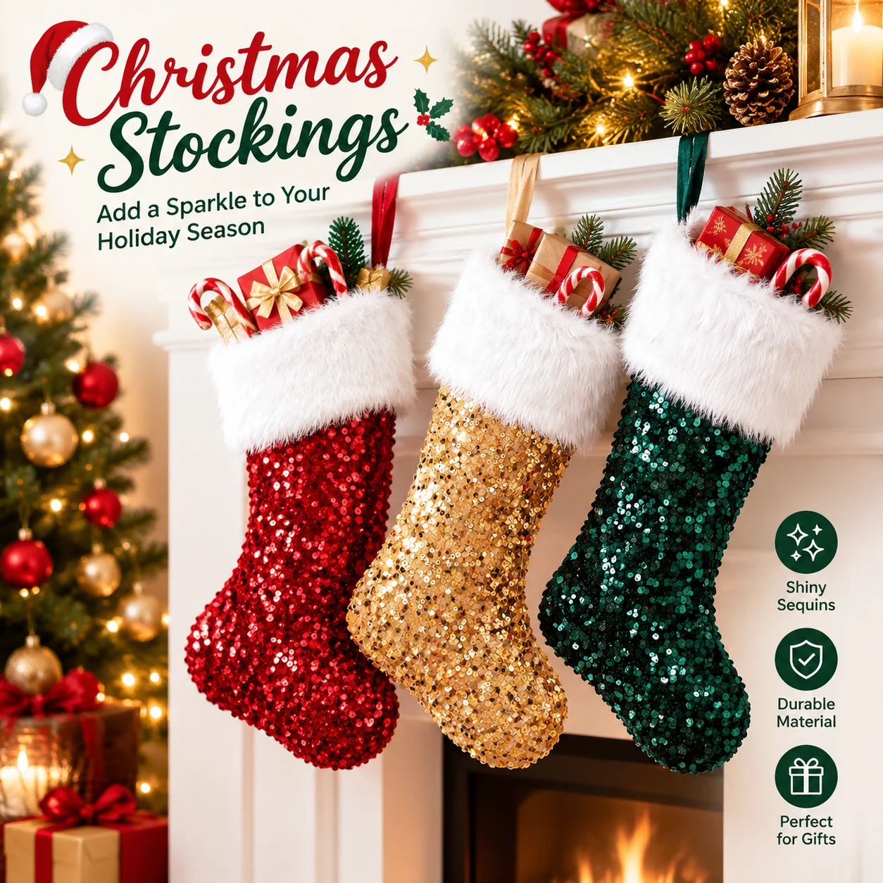 Christmas Sequin Stocking Large Capacity Plush Cuff Xmas Gift Bag Fireplace Hanging Sock Holiday Home Party Decor Ornament