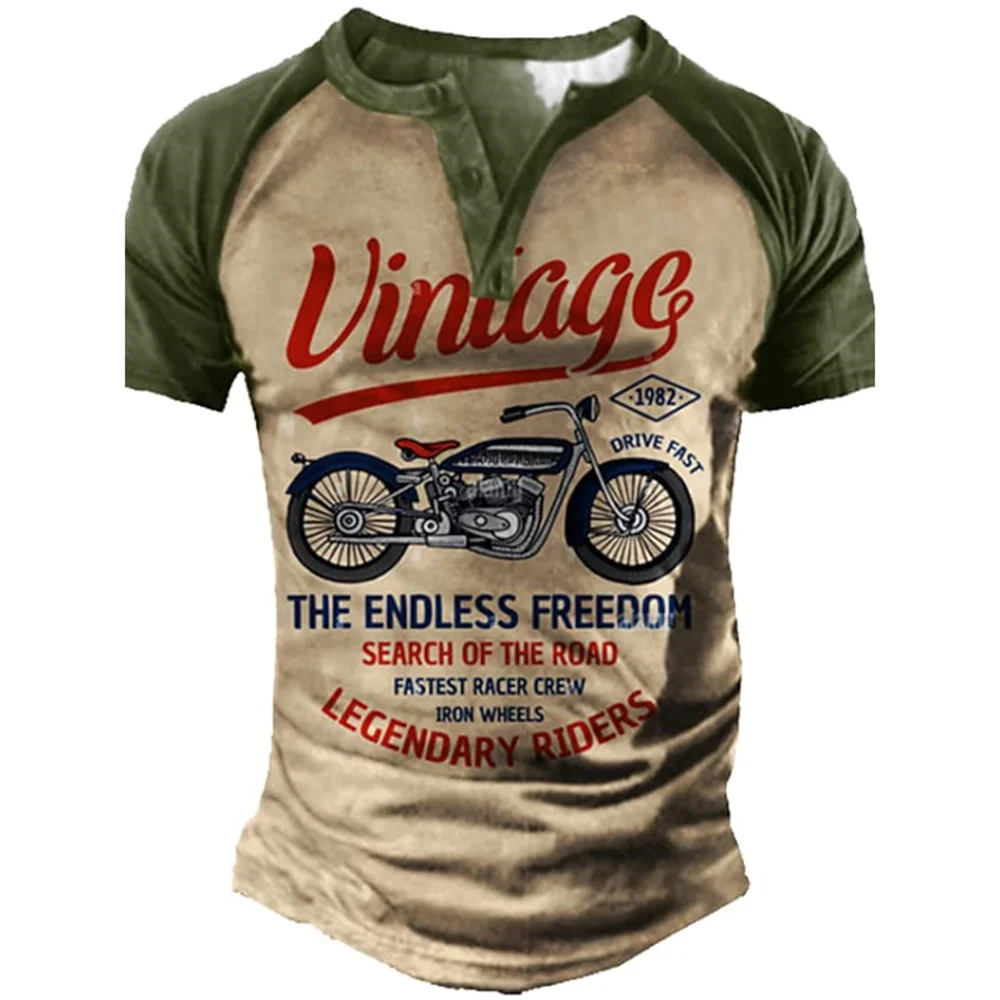 Men\'s Henry retro shirt, 3D motorcycle print, fashionable casual street clothing, short sleeved T-shirt top