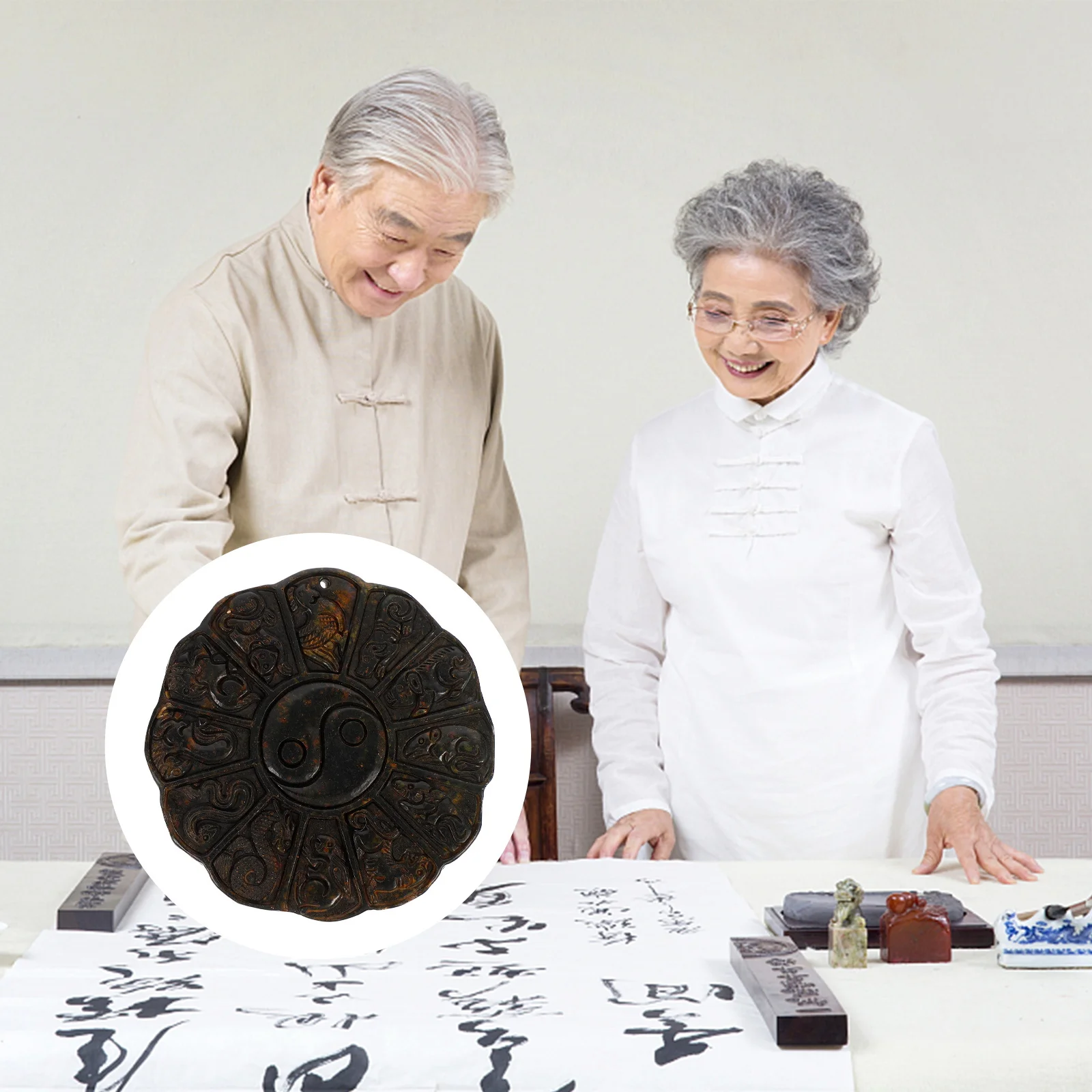 

1pc Retro Zodiac Design Paper Weight Small Ink Stone For Office Home Decor Calligraphy Accessory Students Gift Craft