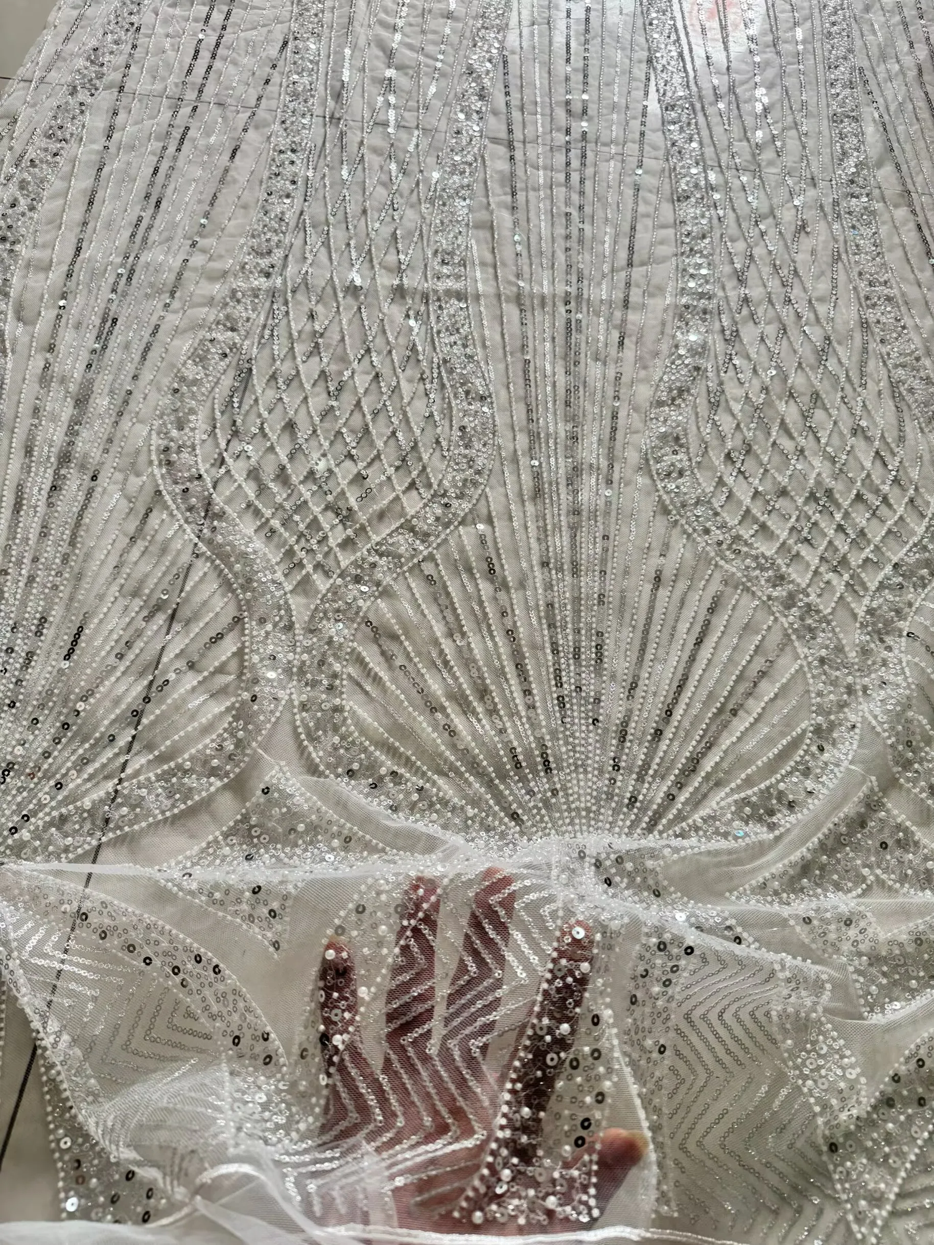 

Luxury Lace Fabric with Embroidered Beading Long Sequin French Design Custom Striped Evening Dress DIY Bridal Gown Material