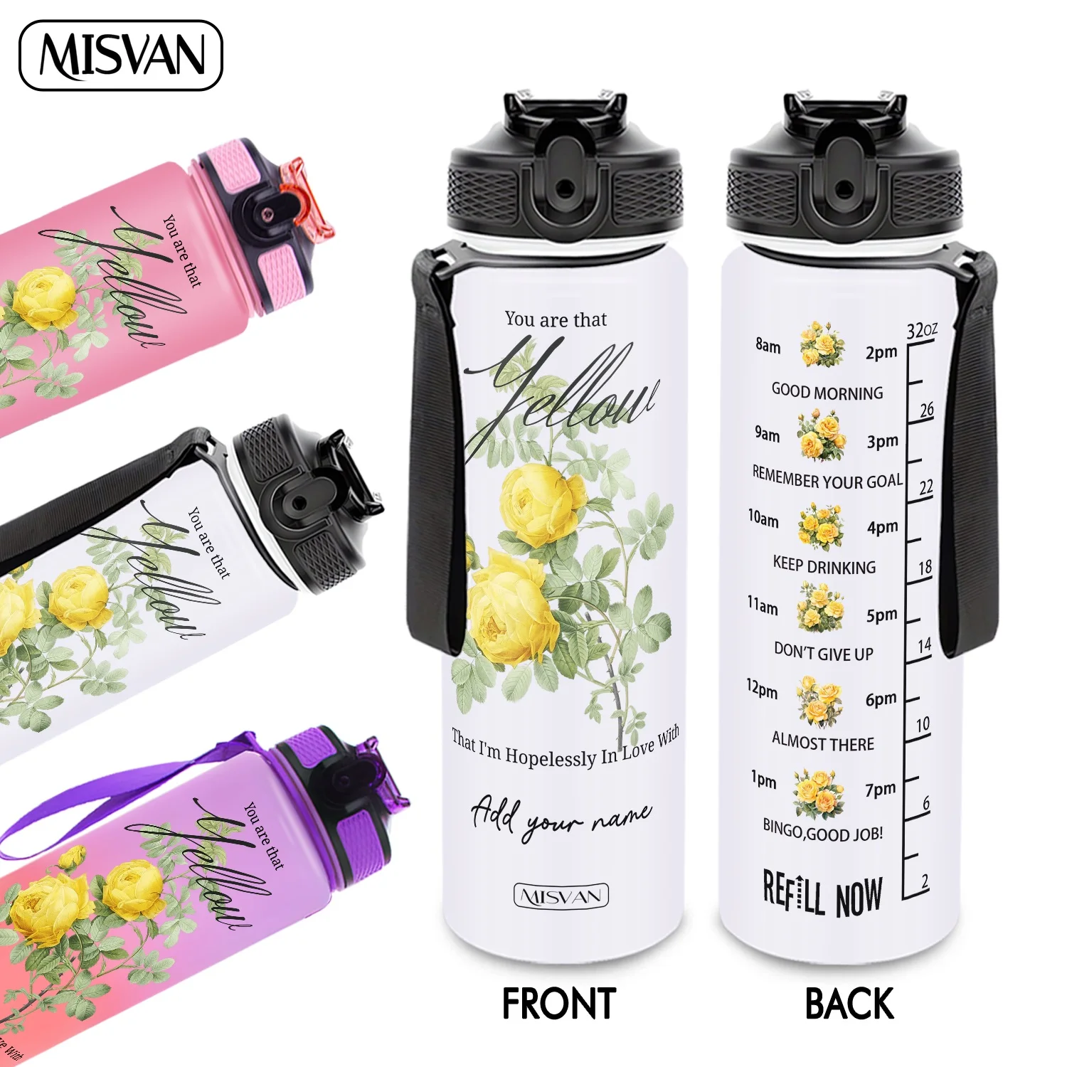 

Бутылка для воды 32 унции (950 мл) с индивидуальным именем, желто-розовая, с вдохновляющей надписью, для ежедневного увлажнения, для спортзала, активного отдыха, велоспорта