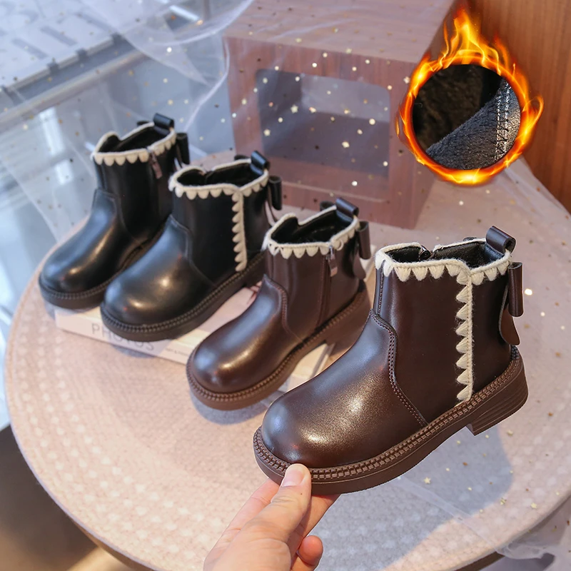 

Cute Pompom PU Leather Kids Ankle Boots Super Warm Velevt Winter Shoes Girl Low Heel Fashion Butterfly-knot Student Shoes