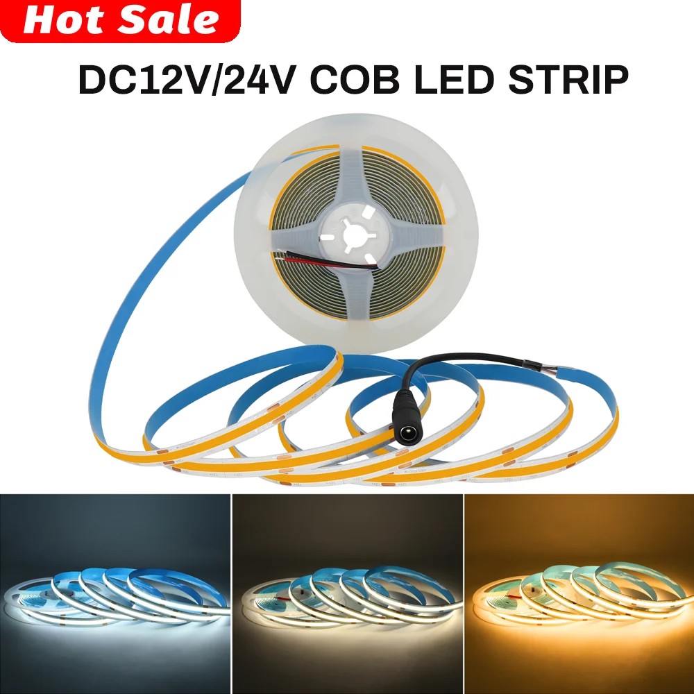 COB LED Strip Light Flexible 12V 24V LED Tape High Density Linear Lighting Warm/Natural/Cold White 8mm 10mm PCB 1m 3m 5m 10m