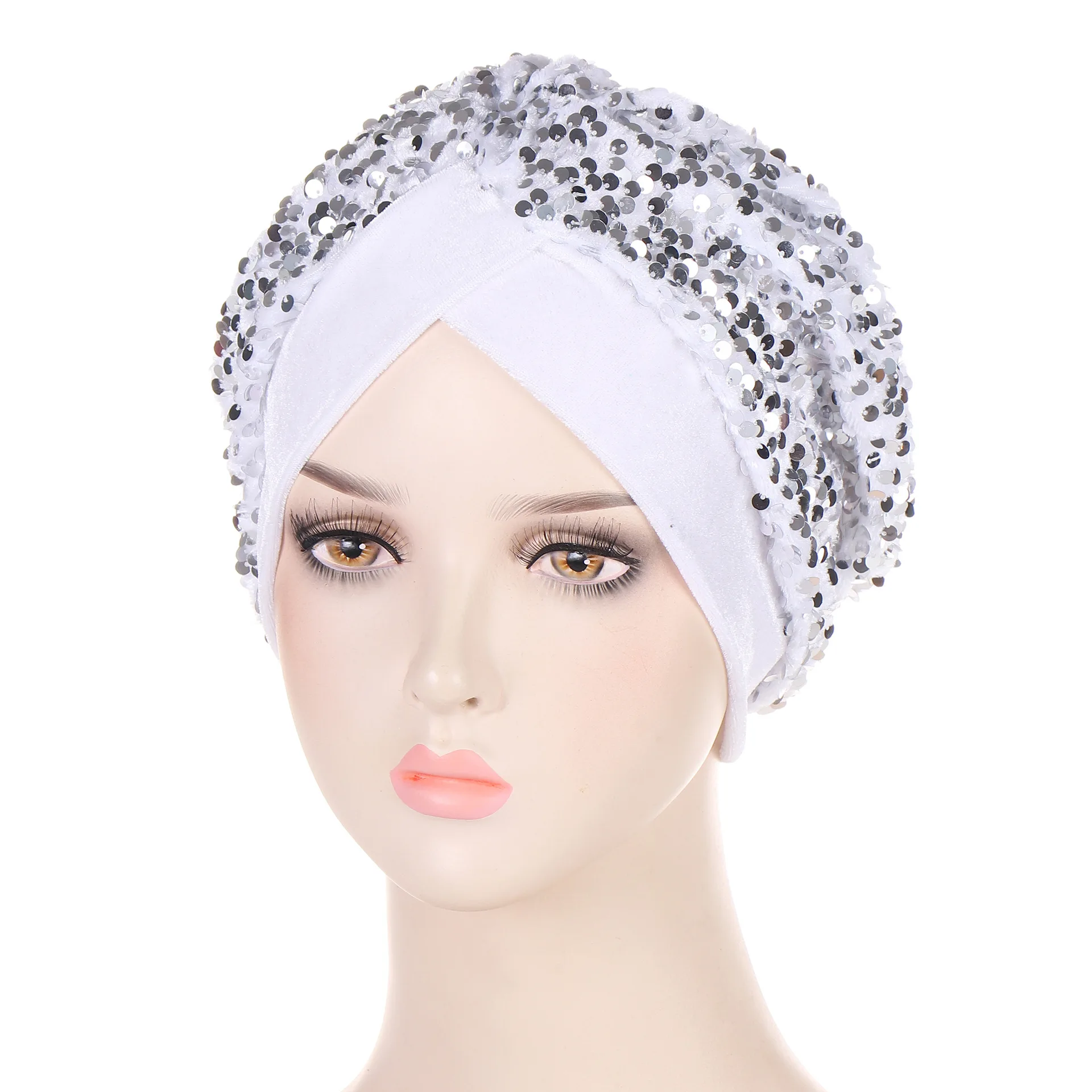 

Glitter Sequins Velvet Women's Turban Caps Muslim Fashion Head Wraps Indian Hat Islamic Headwear Chemo Cap Lady Hair Accessories