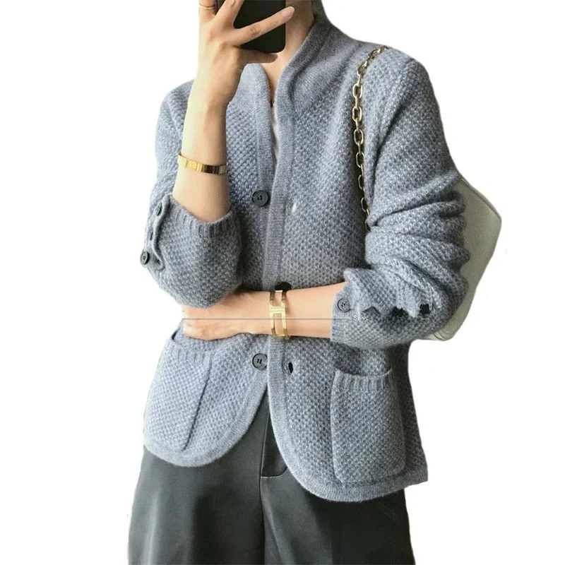 كارديجان كشمير سميك مفتوح للنساء، سترة بياقة عالية، ملابس خارجية محبوكة فضفاضة، أزياء خريفية وشتوية بأسلوب عصري