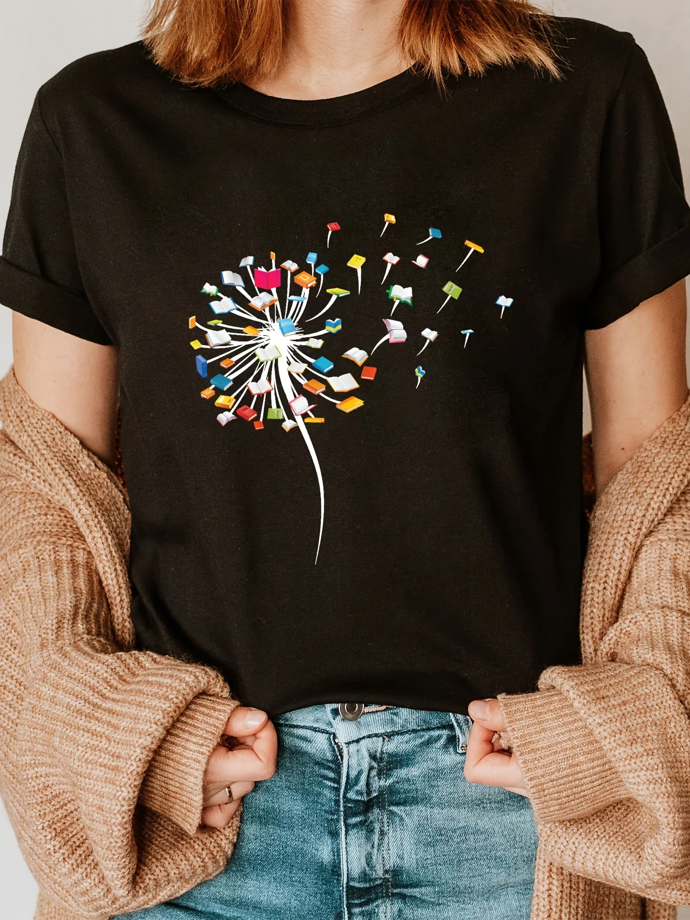 Round neck short sleeved women's T-shirt - Fantasy Dandelion and Book Printed Casual Top Durable Pattern T-shirt