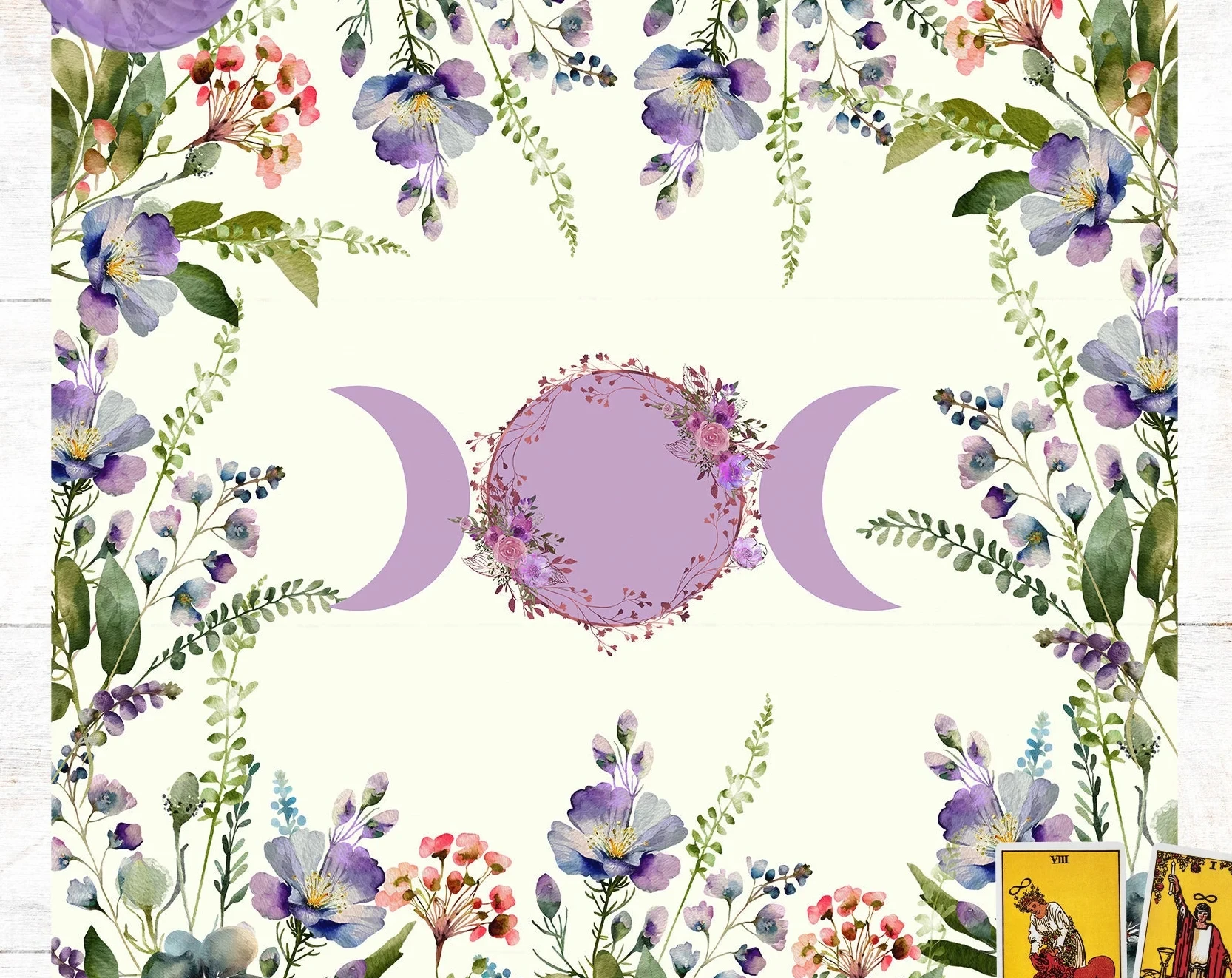 Triple Moon Goddess Floral Altar tablecloth, Wiccan Pagan Tarot Mat, Boho Witchcraft Home Decor