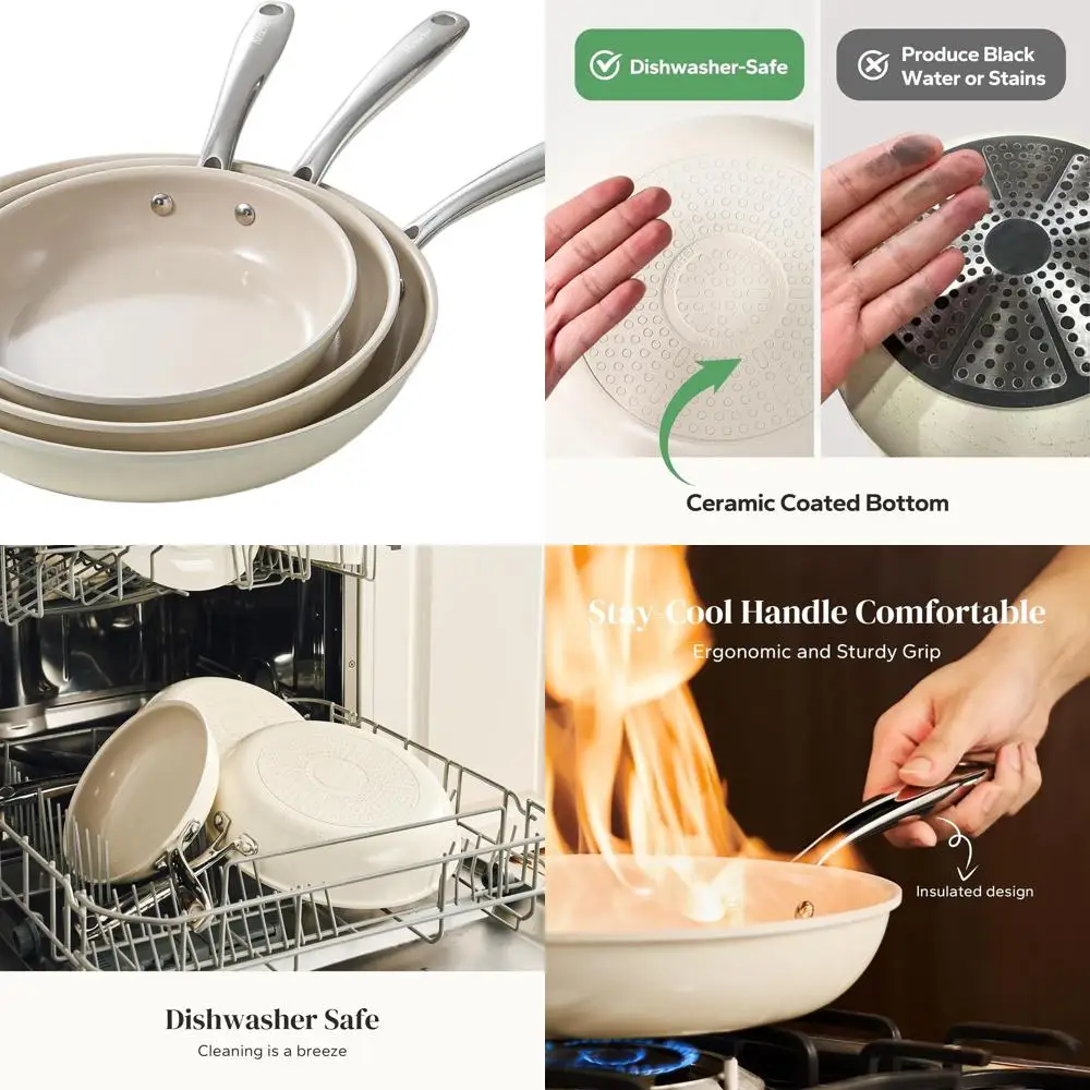 

Ceramic Nonstick Cookware Set, 8, 9.5, 11 Frying Pans, Safe, Dishwasher & Oven Friendly, Cool Handle, White