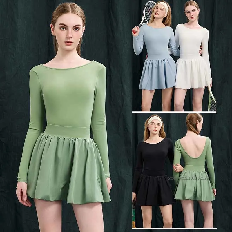 Autumn Spring Long Sleeve Tennis Jumpsuit Women Backless Slim Elastic Dress Ladies A-lined Skirts Yoga Sports Workout Bodysuit